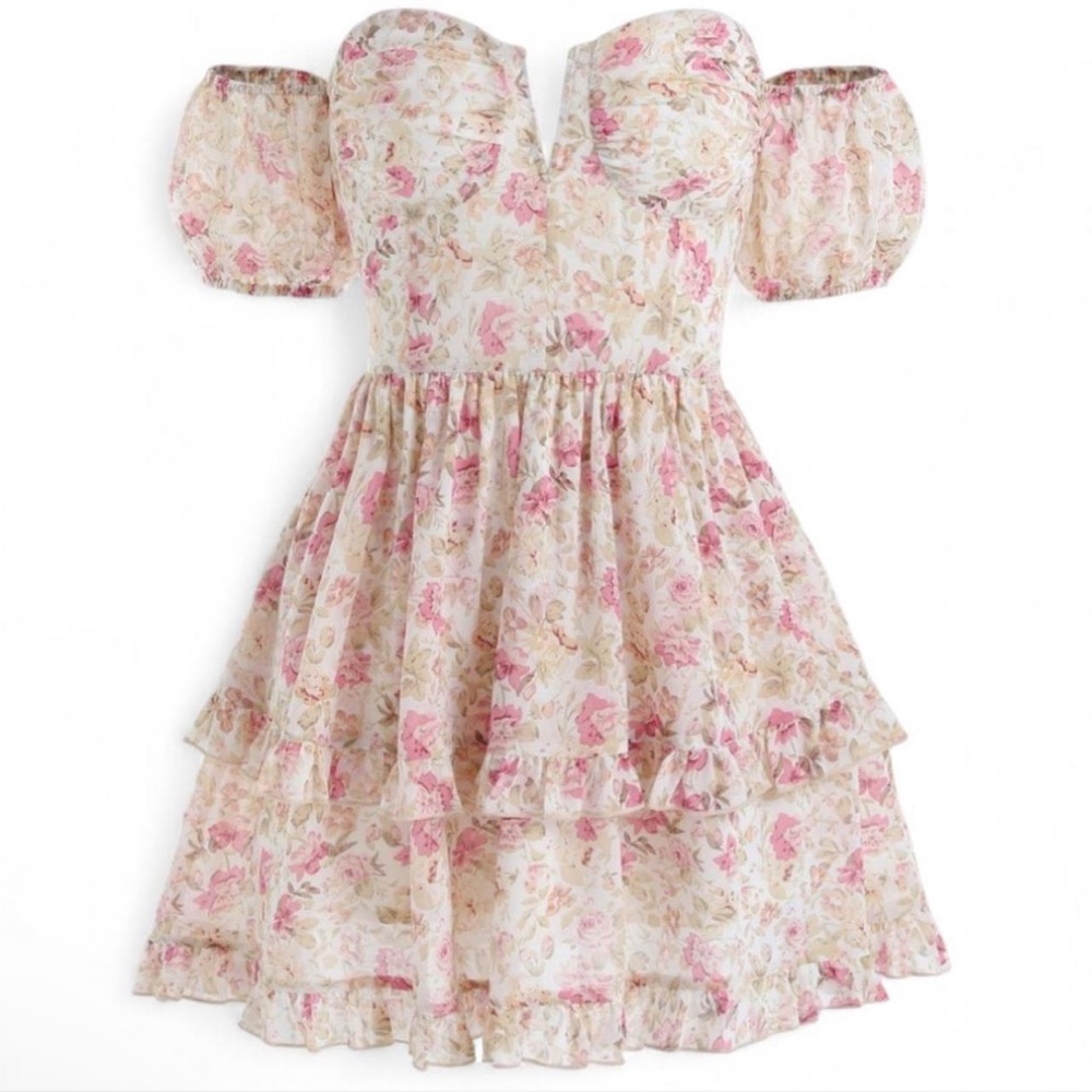 Cider Floral Puff-Sleeve Mini Dress — Pink & Cream